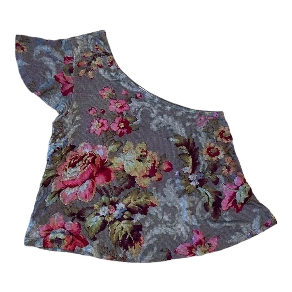 BP Womens Size XXS Gray Floral Rose One Shoulder Top Blouse Cottagecore NWOT